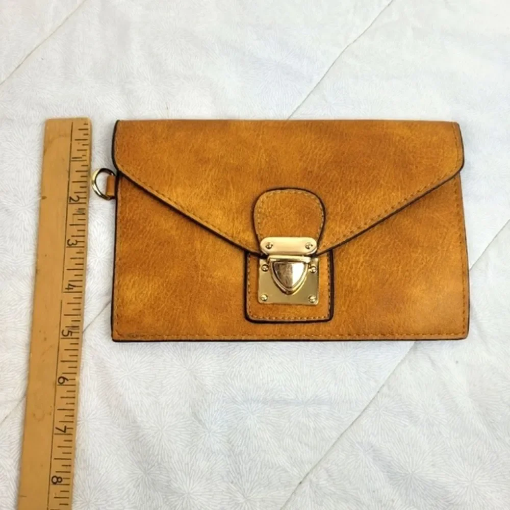 Tan Faux Leather Small Clutch Gold Closure 5 x 7 1/2 Classic Minimalist festival